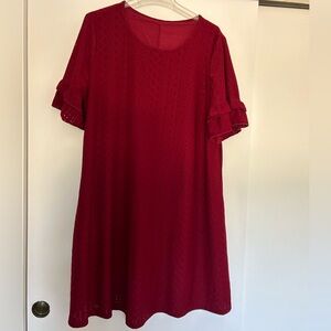 Wine colored Eyelet Dress With Ruffle Detail On Sleeves